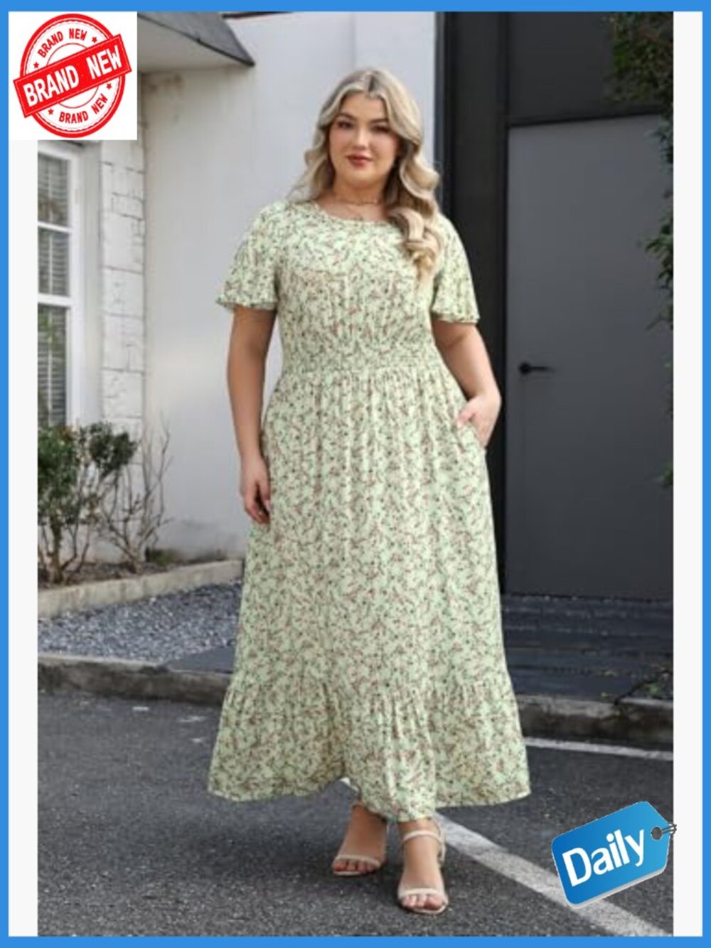 Plus Size Floral Maxi Dress Smocked Waist Flutter Sleeves Boho Casual - Picture 4 of 6
